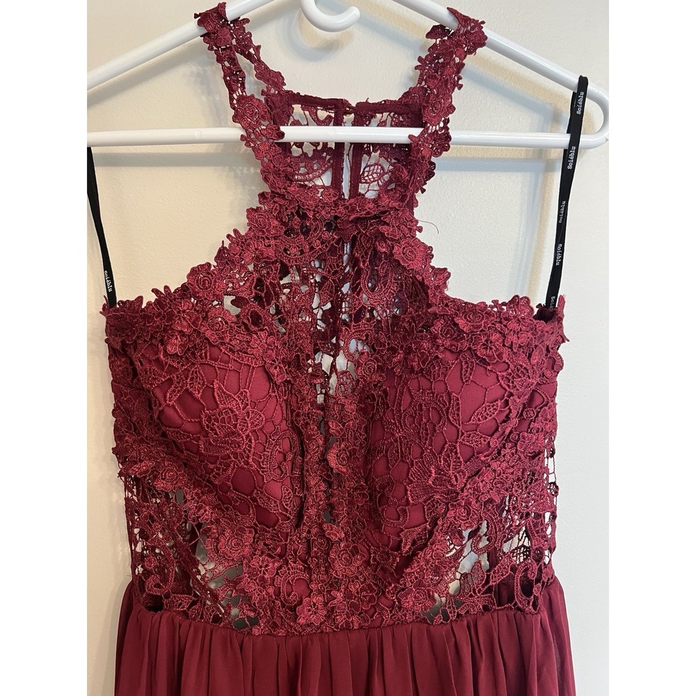 Formal sleeveless maxi dress, Soeiblu Maroon Lace High Neck Chiffon Skirt - Picture 2 of 7